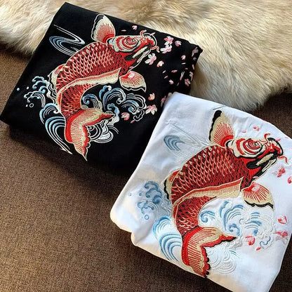 2025 Embroidered Koi Fish Cotton T-Shirt – Lightweight, Loose-Fit Summer Comfort and Effortless Casual Style for the Modern Gentleman