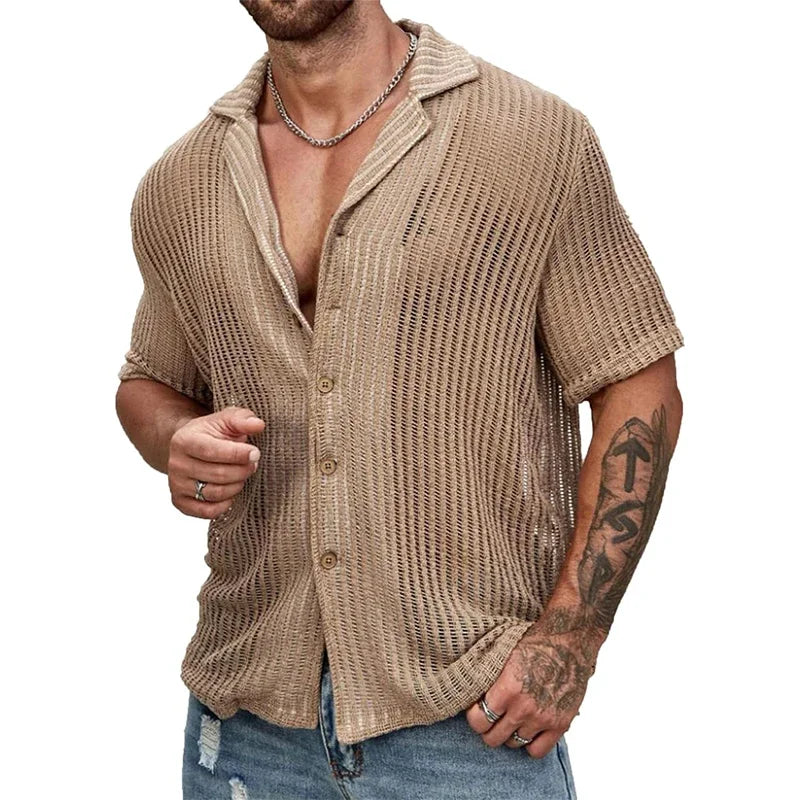 Sexy Hollow Out Breathable Knitted Shirt Men Summer Beach See Through Casual Shirts Mens Short Sleeve Button Solid Color Shirts - Ellianto fashion Men's