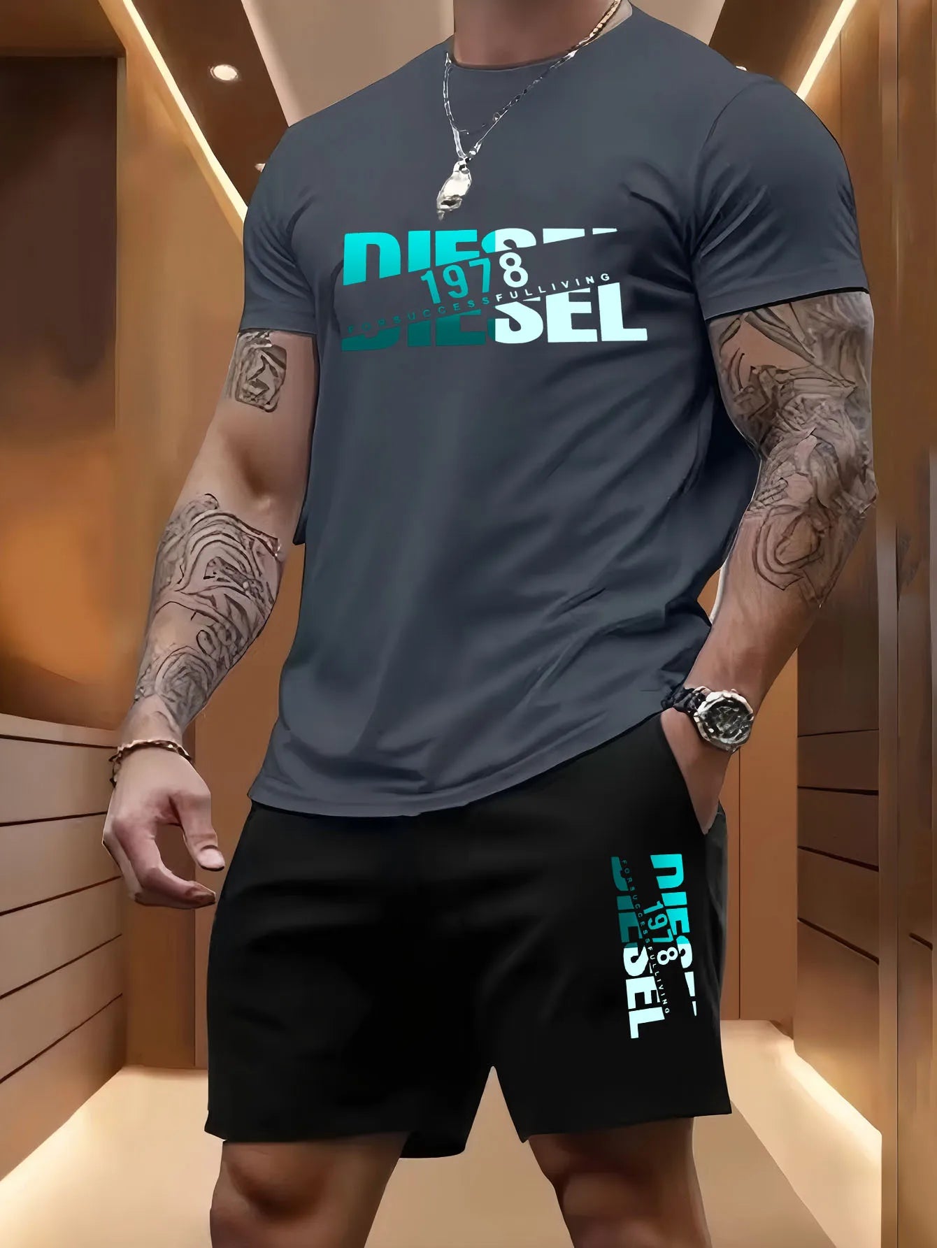 Set Summer men's casual two-piece set round-neck short-sleeved T-shirt and sports shorts for outdoor activities - Ellianto fashion Men's