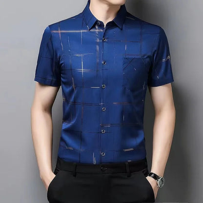 Summer Men Fashion Short Sleeve Shirt Ice Silk No Ironing Urban Casual Style Loose Fit Middle-aged Elderly