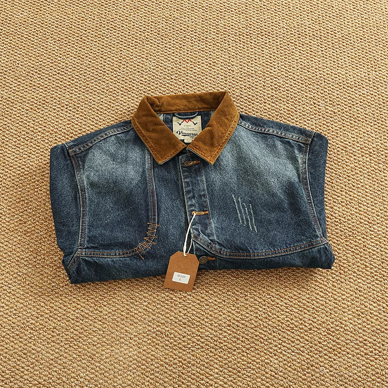 Spring New American Retro Heavyweight Neckline Contrast Color Corduroy Washed Old Cargo Denim Jacket Men's Lapel Casual Coat
