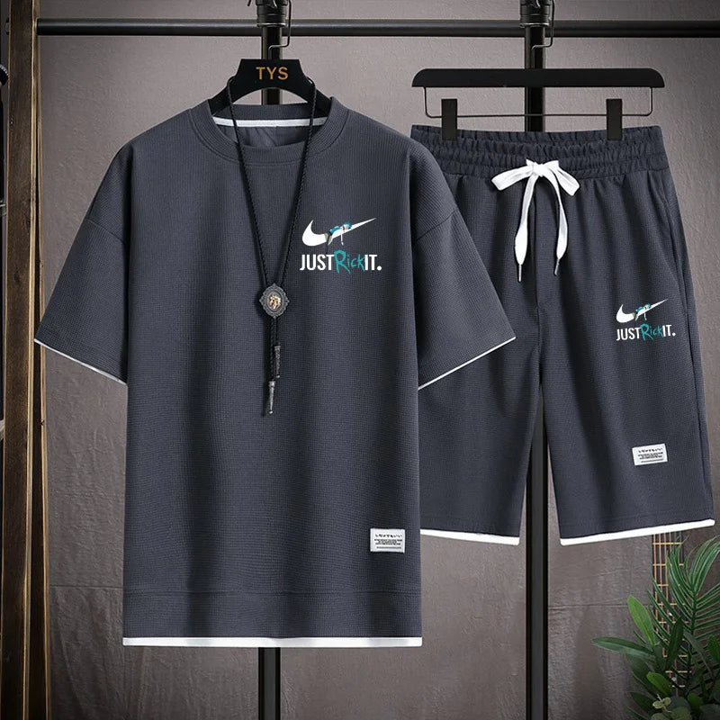 Set 2025 New European and American men's Summer casual cotton and linen short-sleeved shirt + jogging sports shorts 2-piece set - Ellianto fashion Men's