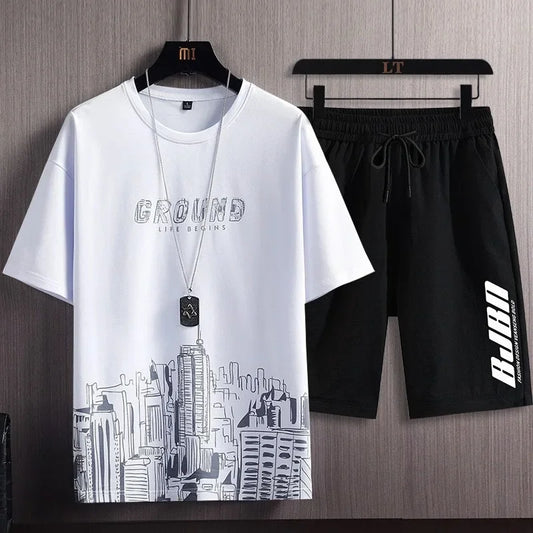 Men’s Ice Silk Gradient Set – Lightweight Short-Sleeve Tee & Casual Shorts for Summer Comfort and Sporty Style