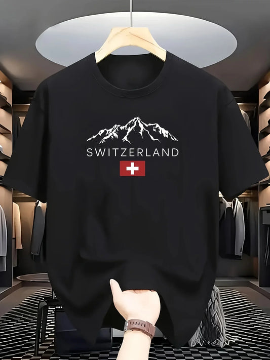 2025 New European Men's Summer 100% Pure Cotton Fashionable Casual Sporty Swiss mountain Pattern Printed round-neck short-sleeve - Ellianto fashion Men's