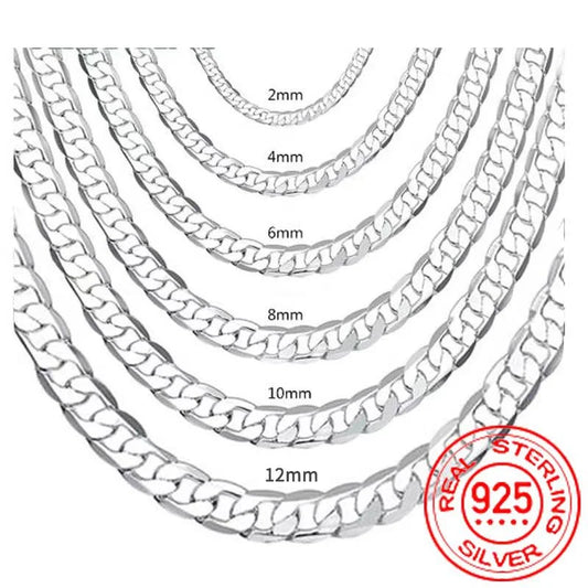 Men's 925 Sterling Silver Necklace 2/4/6/8/10/12MM 40-75cm Face Chain Necklace Lobster Clasp Men And Women Engagement Jewelry - Ellianto fashion Men's