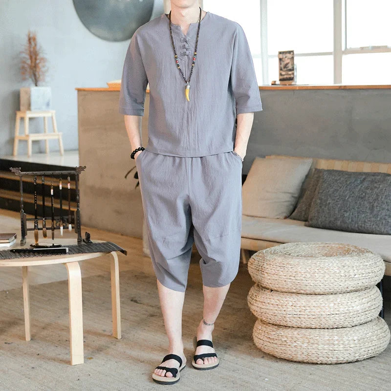 Men's Loose-fit Casual Pants Set Chinese Style Cotton Linen Short Sleeve Shirt Seven-point Shorts Two-piece Suit - Ellianto fashion Men's