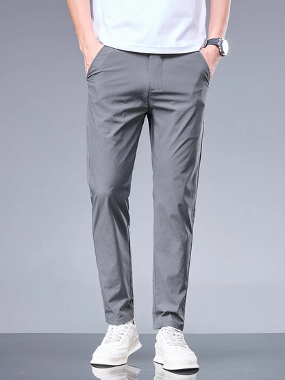 Summer New Business Ice Silk Pants Straight Elastic Waist Black Gray Trousers Breathable Simple Male Clothing Casual Suit Pants - Ellianto fashion Men's