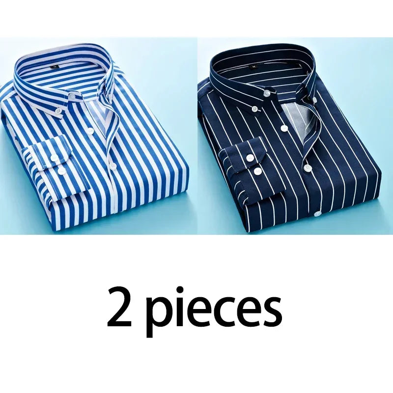 Men's Long Sleeve Blue White Striped Shirt Dress Fashion Standard-fit Button Down Shirts Blouse Men Hip-hop Streetwear Camisas - Ellianto fashion Men's