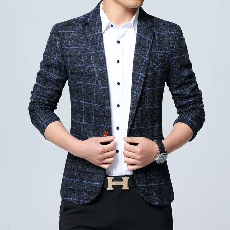 Slim Fit Plaid Men's Casual Suit Jacket Korean Style Spring Fashion Business Leisure Large Size Male Outerwear Coat - Ellianto fashion Men's