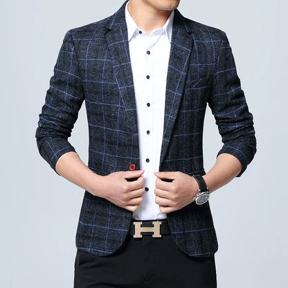 Slim Fit Plaid Men's Casual Suit Jacket Korean Style Spring Fashion Business Leisure Large Size Male Outerwear Coat - Ellianto fashion Men's