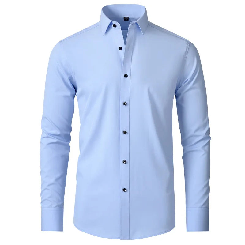 High Elasticity Seamless Spandex Shirt Men Long Sleeve Slim Fit Casual Solid Color Social Formal Dress Shirts 2025 - Ellianto fashion Men's