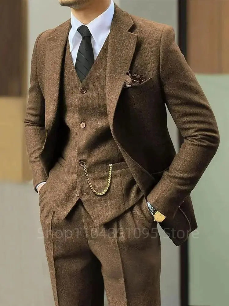 Black/Brown Men 3 Pieces Herringbone Suit Formal Business Tweed Groom Tuxedo for Men Wedding Men's Suit Jacket Vest Pants Set - Ellianto fashion Men's
