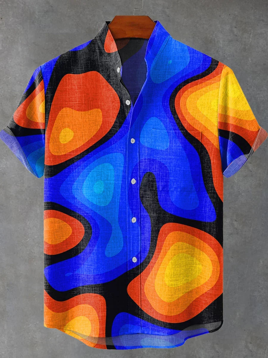 2025 Black Pigment Brush Marking Vintage Printed Casual 100% Line Shirt, Men and Women's Same Short Sleeve Shirt - Ellianto fashion Men's
