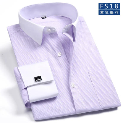 M~6XL Men's French Cuff Dress Shirt White Long Sleeve Social Male Shirts Regular Fit Party Dinner Wedding Cufflinks Formal Shirt - Ellianto fashion Men's