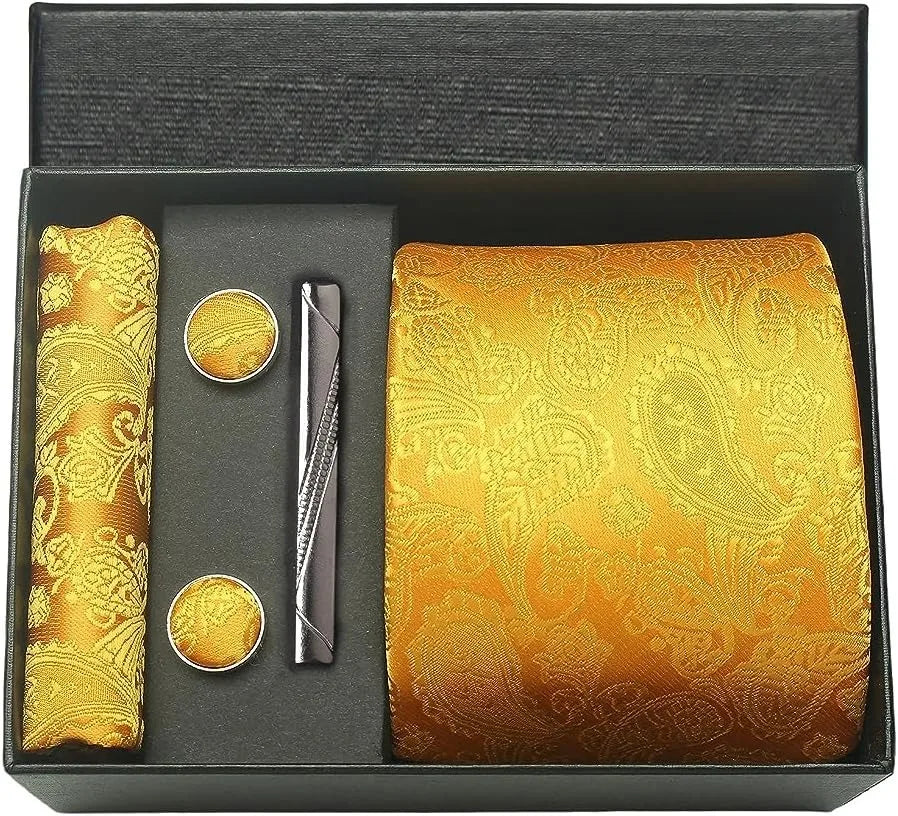 100% Silk Necktie Paisley Floral Mens Tie Top Quality Business Tie Pocket Square Tie Clip Cufflinks Set Classic For Men Gift Box - Ellianto fashion Men's