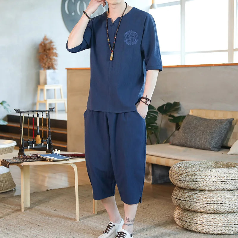 Men's Loose-fit Casual Pants Set Chinese Style Cotton Linen Short Sleeve Shirt Seven-point Shorts Two-piece Suit - Ellianto fashion Men's