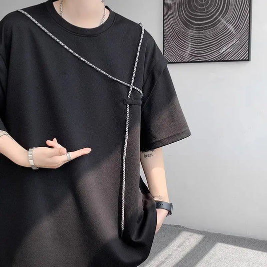 Fake Two-piece Short-sleeve T-shirt for Men New Summer Style American Retro High Street Trendy Brand Loose T-shirt - Ellianto fashion Men's