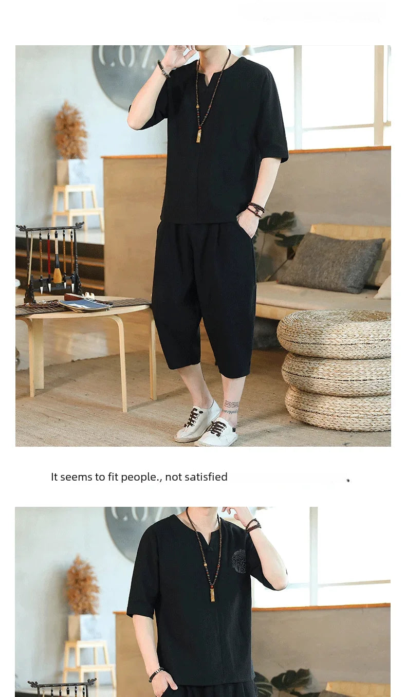 Men's Loose-fit Casual Pants Set Chinese Style Cotton Linen Short Sleeve Shirt Seven-point Shorts Two-piece Suit - Ellianto fashion Men's