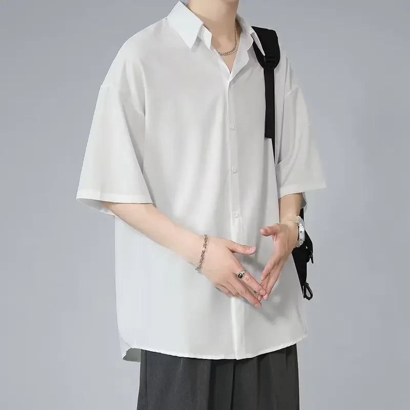 Men's Ice Silk Short Sleeve Shirt Casual Loose Fit Korean Style Trendy Black Shirt For Summer Thin Sleeve Casual - Ellianto fashion Men's