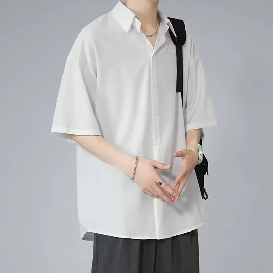 Men's Ice Silk Short Sleeve Shirt Casual Loose Fit Korean Style Trendy Black Shirt For Summer Thin Sleeve Casual - Ellianto fashion Men's