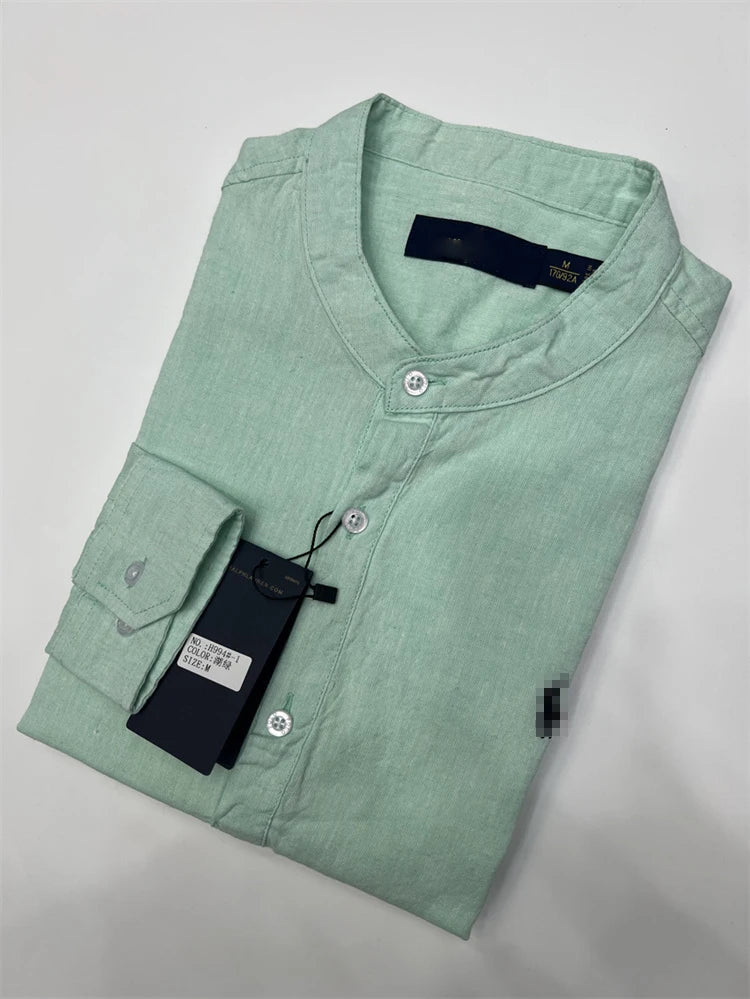Spring Autumn Men's Linen Cotton Color Simple Embroidery Label Slim Long Sve irt Busin Casual Stand Collar irt - Ellianto fashion Men's