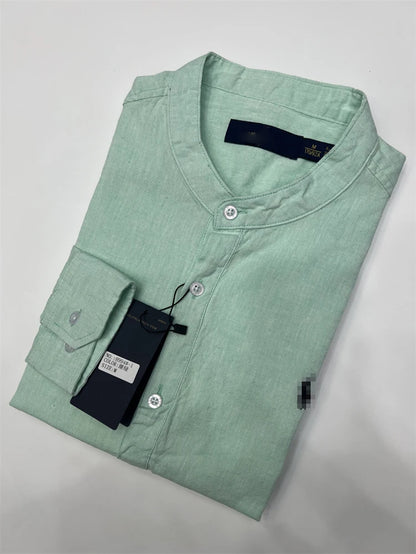 Spring Autumn Men's Linen Cotton Color Simple Embroidery Label Slim Long Sve irt Busin Casual Stand Collar irt - Ellianto fashion Men's