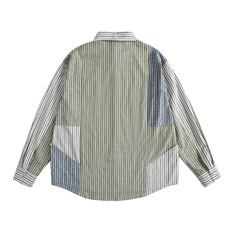 Stripe Splice Shirt Men Japnese Streetwear Fashion Loose Casual Long Sleeve Shirts Cityboy Oversize Cargo Shirts Blouses - Ellianto fashion Men's