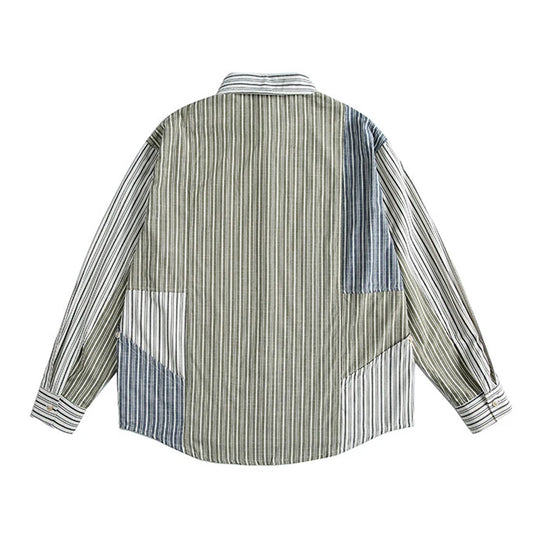 Stripe Splice Shirt Men Japnese Streetwear Fashion Loose Casual Long Sleeve Shirts Cityboy Oversize Cargo Shirts Blouses - Ellianto fashion Men's