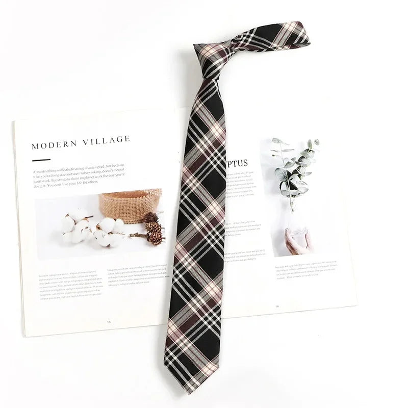 Vintage Brown Plaid Necktie Women's Lazy Person's Japanese Style Preppy Small Tie Bow Tie Handmade Men's Tie
