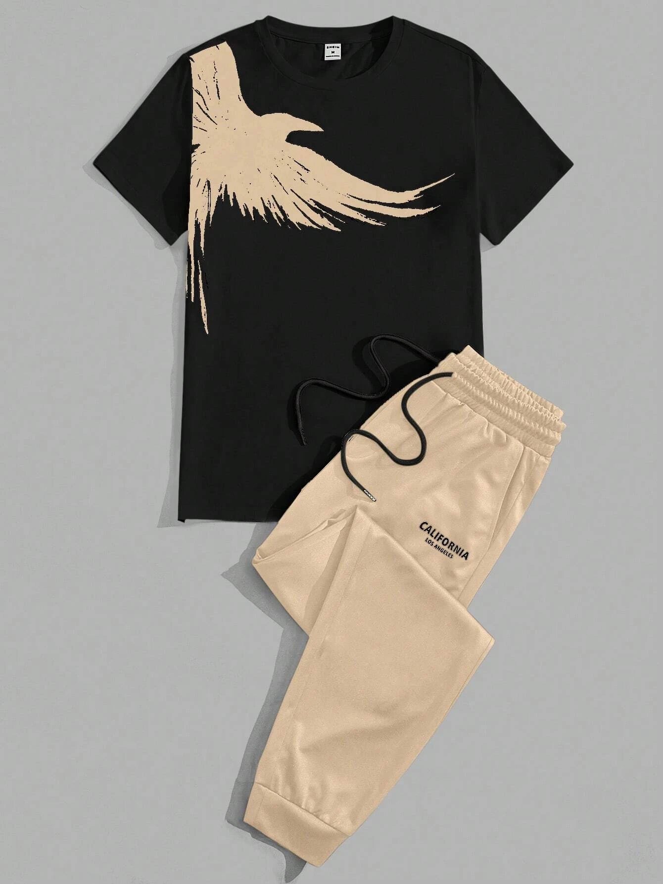Set 2025 Simple Casual Men's T-shirt Short-sleeved Suit And Pants Fashion Eagle Print Pattern Sports And Leisure Two-piece Set - Ellianto fashion Men's