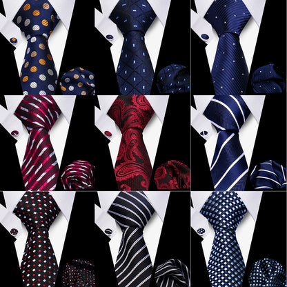 Business Ties For Men Tie Set Dots Necktie Classic Plaid Cufflinks Stripe Handkerchief For Wedding High Quality Formal Gravata - Ellianto fashion Men's