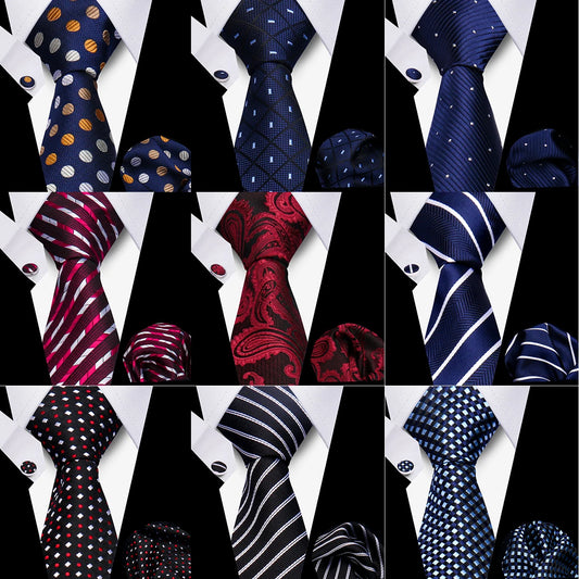 Tie Men Business Necktie Set Classic Plaid Cufflinks Handkerchief For Suit Wedding High Quality 3pcs Ties Sets Formal Gravata - Ellianto fashion Men's