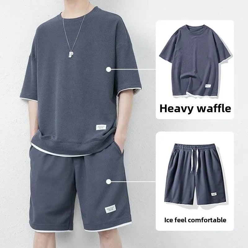 Casual Men's Sportswear Set Summer Short Sleeve Drawstring Shorts Loose Five-Quarter Pants Thin Male Outfit Two-Piece Suit - Ellianto fashion Men's