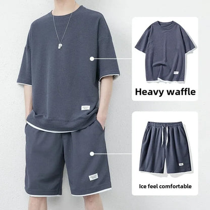 Casual Men's Sportswear Set Summer Short Sleeve Drawstring Shorts Loose Five-Quarter Pants Thin Male Outfit Two-Piece Suit - Ellianto fashion Men's