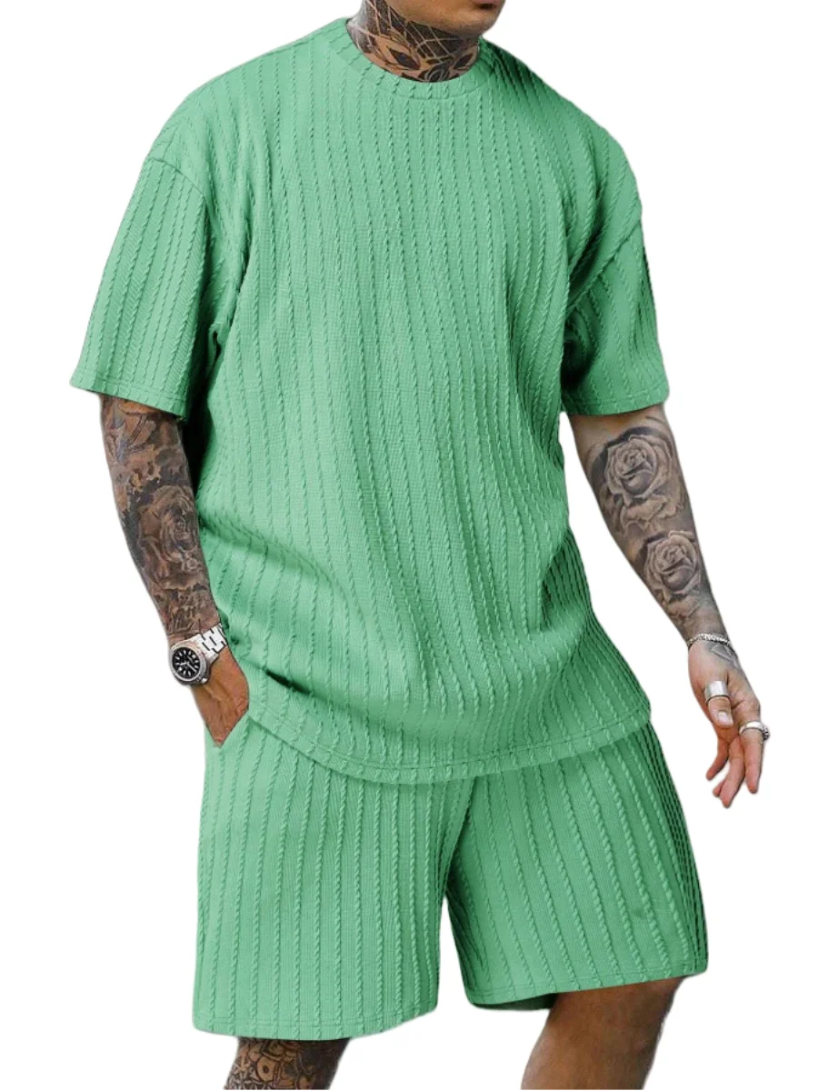 New men's sporty solid-color round-neck pullover vertical striped T-shirt, shorts and short sleeves two-piece casual set 2025 - Ellianto fashion Men's