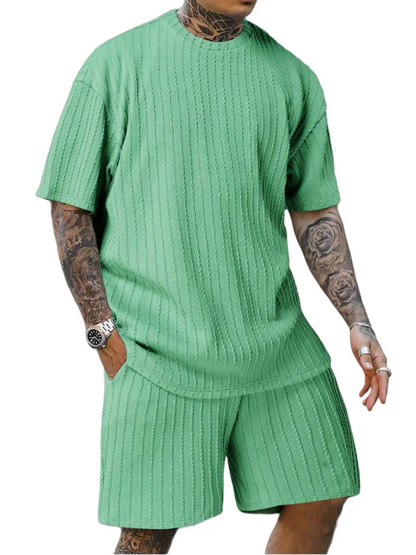 New men's sporty solid-color round-neck pullover vertical striped T-shirt, shorts and short sleeves two-piece casual set 2025 - Ellianto fashion Men's