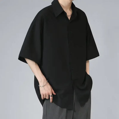 Men's Ice Silk Short Sleeve Shirt Casual Loose Fit Korean Style Trendy Black Shirt For Summer Thin Sleeve Casual - Ellianto fashion Men's