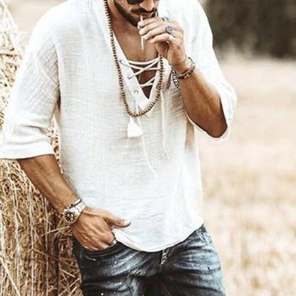 Cross border foreign trade men's V-neck lace up top casual summer solid color seven quarter sleeved men's shirt - Ellianto fashion Men's