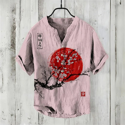 New short-sleeved V-neck shirt short-sleeved 3D printed linen shirt retro fish linen shirt comfortable men's breathable shirt - Ellianto fashion Men's