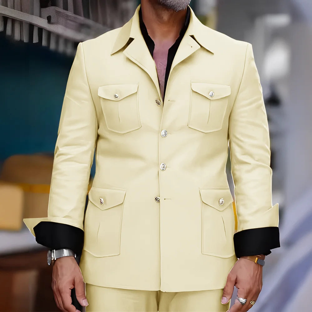 Tailored Casual Men Suits Orange 2 Pieces Set Safari Design Collar Autumn Coat Pant Business Designer Jacket Pant Men Prom Suits - Ellianto fashion Men's