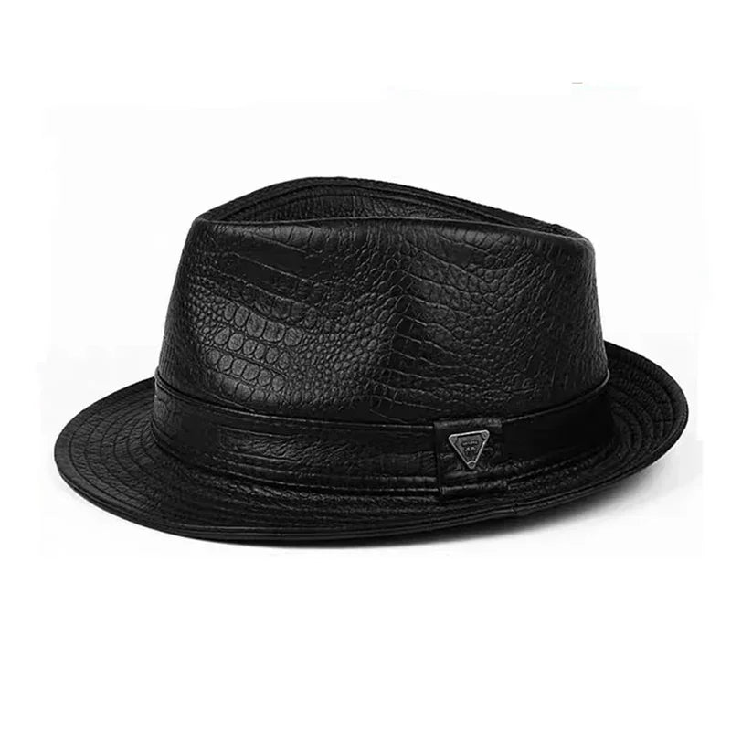 Man High Quality Genuine Leather Jazz Fedora Gentleman CowSkin Short Brim Black/Brown Fitted Top Hat Print Crocodile Pattern - Ellianto fashion Men's