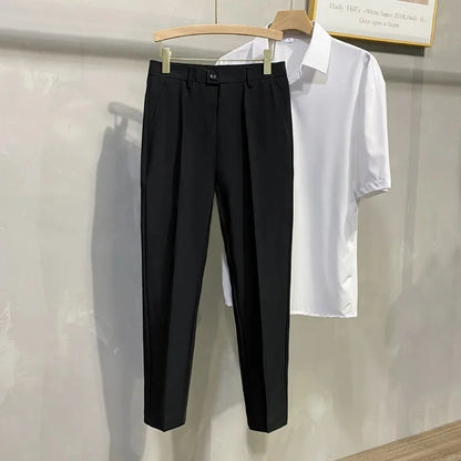 Men's Business Casual Pants Long Trousers Spring Summer Youth Slim Fit Suit Pants Spring Small Foot No Ironing Thin Pants - Ellianto fashion Men's