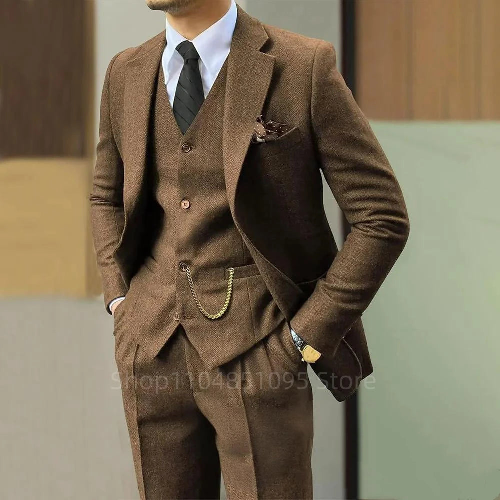 Black/Brown Men 3 Pieces Herringbone Suit Formal Business Tweed Groom Tuxedo for Men Wedding Men's Suit Jacket Vest Pants Set - Ellianto fashion Men's