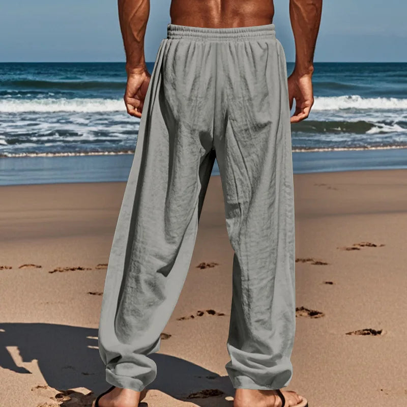 Men's Summer Drawstring Waist Wide Leg Loose Cotton Linen Yoga Pants Beach Casual Trousers with Pockets Casual Lightweight Pants - Ellianto fashion Men's