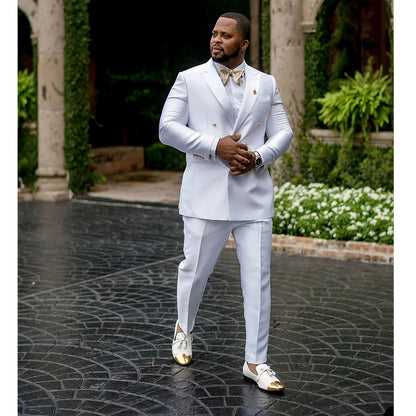 White Satin Men's Suit 2 Piece Peaked Collar Blazer Double Breasted Jacket Wedding Groom Tuxedo Elegant Men's CustomizationXS-5X - Ellianto fashion Men's