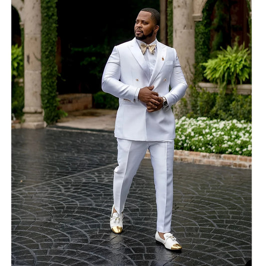 White Satin Men's Suit 2 Piece Peaked Collar Blazer Double Breasted Jacket Wedding Groom Tuxedo Elegant Men's CustomizationXS-5X - Ellianto fashion Men's