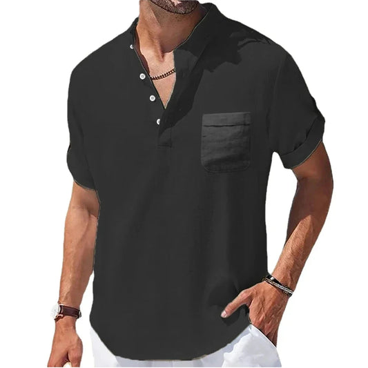 New Men's Short Sleeve Breathable T-shirts Summer Solid Color Basic Pocket Shirts for Men Oversized Half Button Linen Streetwear - Ellianto fashion Men's