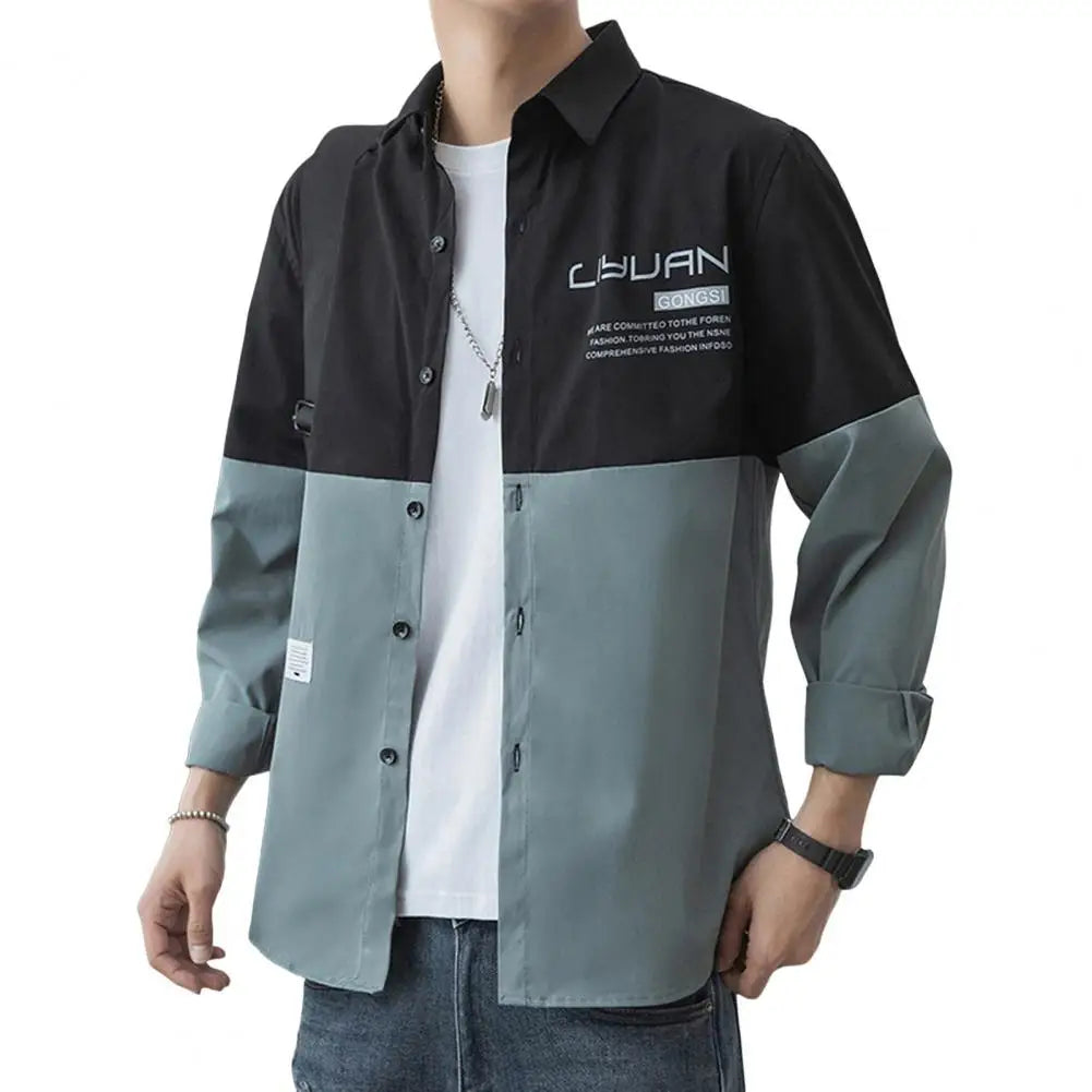 Men’s Colorblock Button-Down Jacket – Lightweight Cargo-Style Cardigan for Streetwear, Spring-Fall Comfort, and Trendy Korean Style
