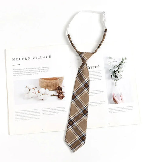 Vintage Brown Plaid Necktie Women's Lazy Person's Japanese Style Preppy Small Tie Bow Tie Handmade Men's Tie - Ellianto fashion Men's