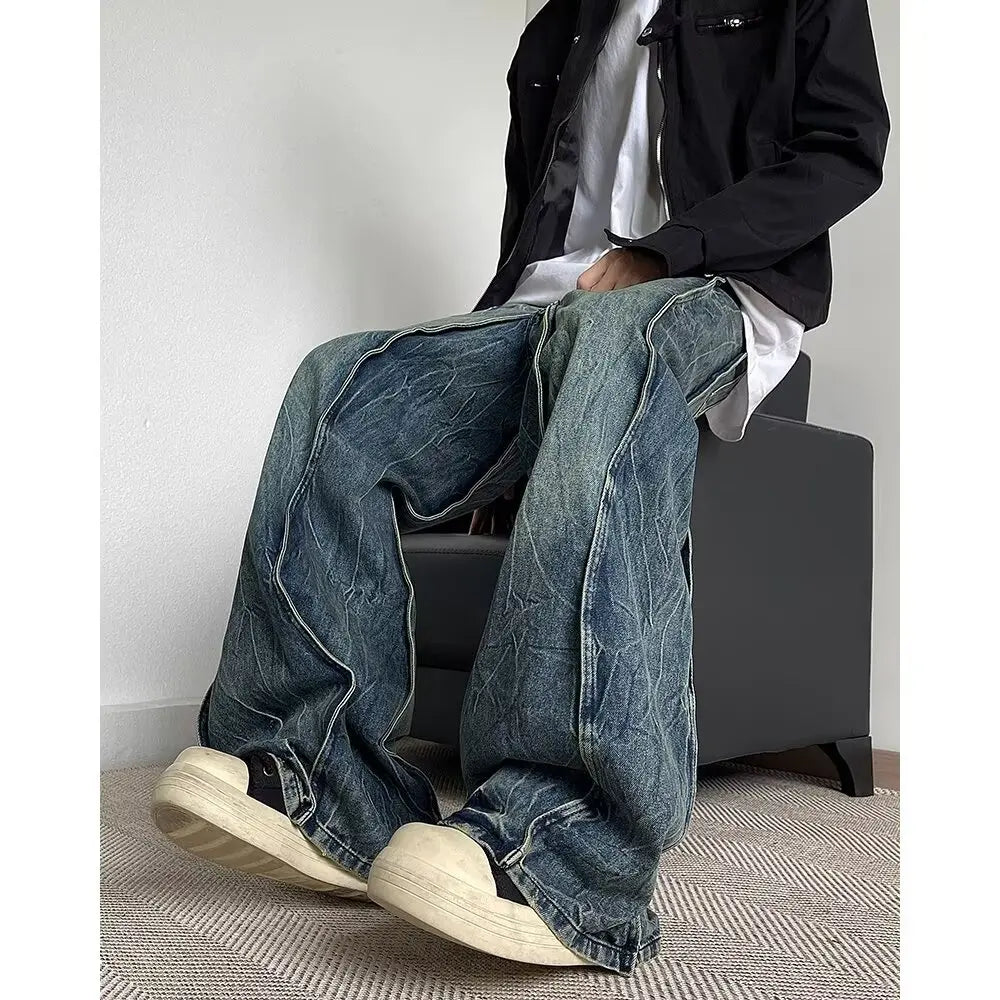 American high street men and women trendy silhouette splicing straight leg jeans couple spring loose retro casual pants - Ellianto fashion Men's